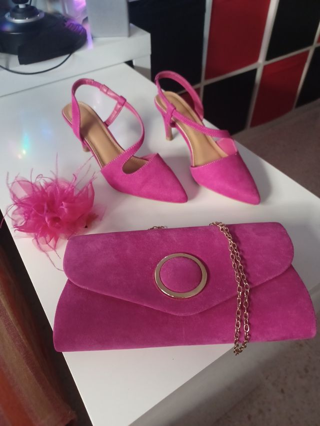 Conjunto zapatos, bolso y tocado.