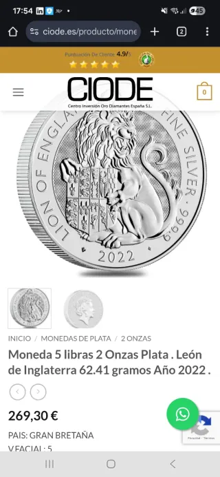 Moneda Plata 2 oz , Lion of England