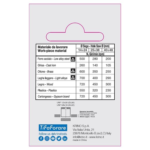 CORTA AGUJEROS KRINO Ø 35 MM HSS BIMETAL PARA PLÁS