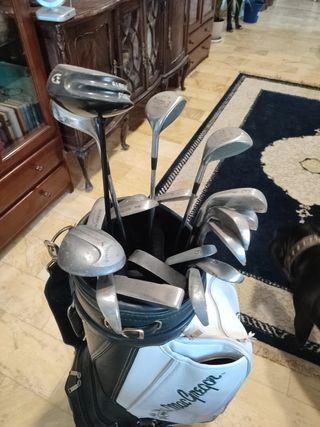 Bolsa mochila y palos de golf retro