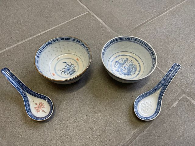 Set Coppia Ciotola riso e cucchiaio vintage Cinese