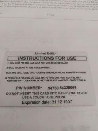 Scheda telefonica principessa Diana