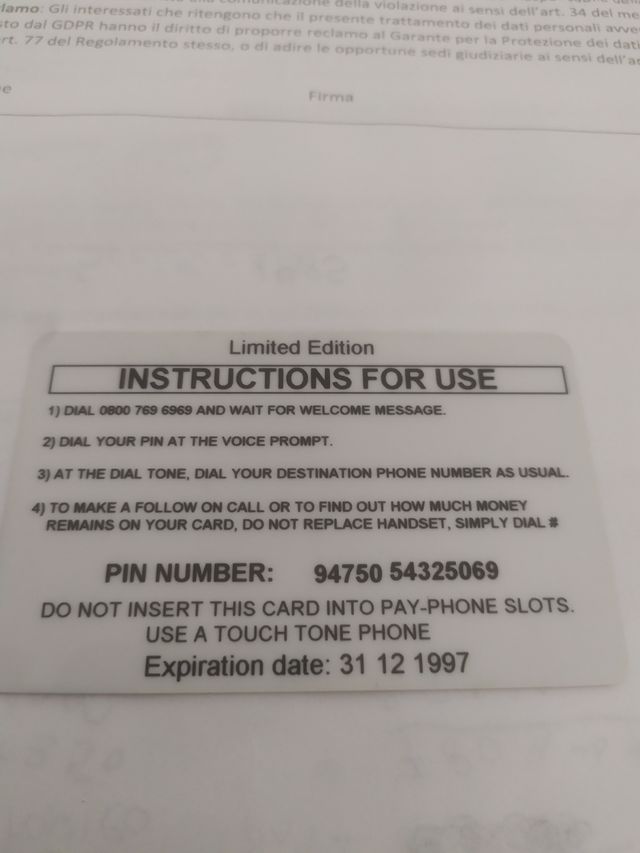 Scheda telefonica principessa Diana