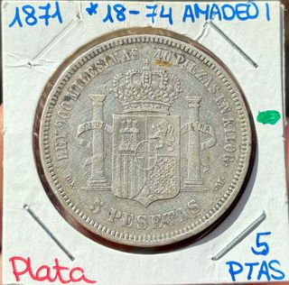 Moneda PLATA 5 Pesetas 1871 *(18-74) AMADEO I 