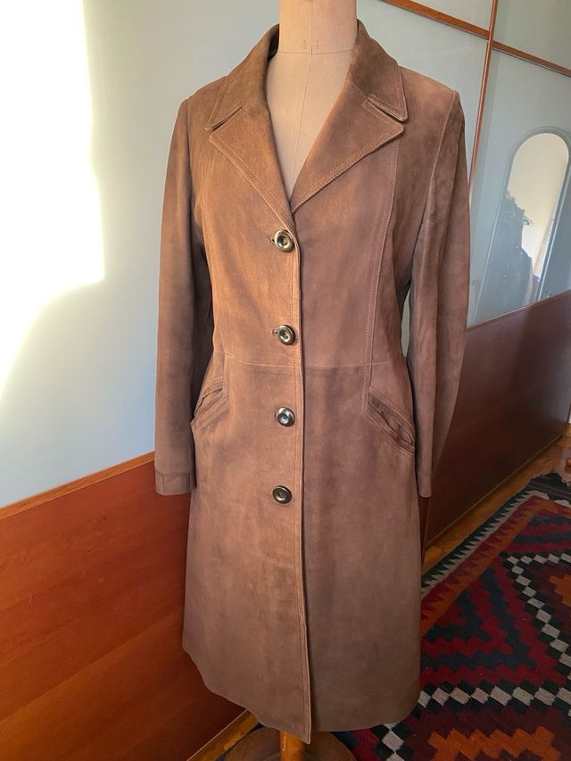 ABRIGO VINTAGE MUJER,  PIEL VUELTA  MARRÓN  (ANTE)