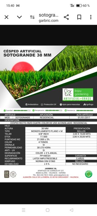 Cesped artificial 38 MM. 25 M2