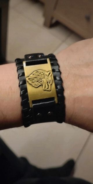 Bracciale pelle fibia Dorata lupo nordic