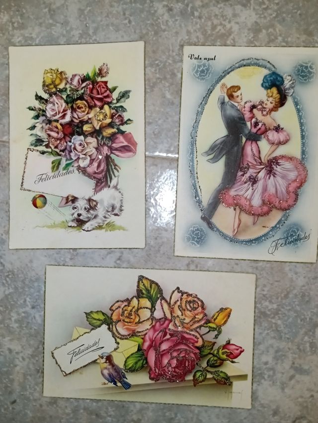 Lote postales antiguas con purpurina