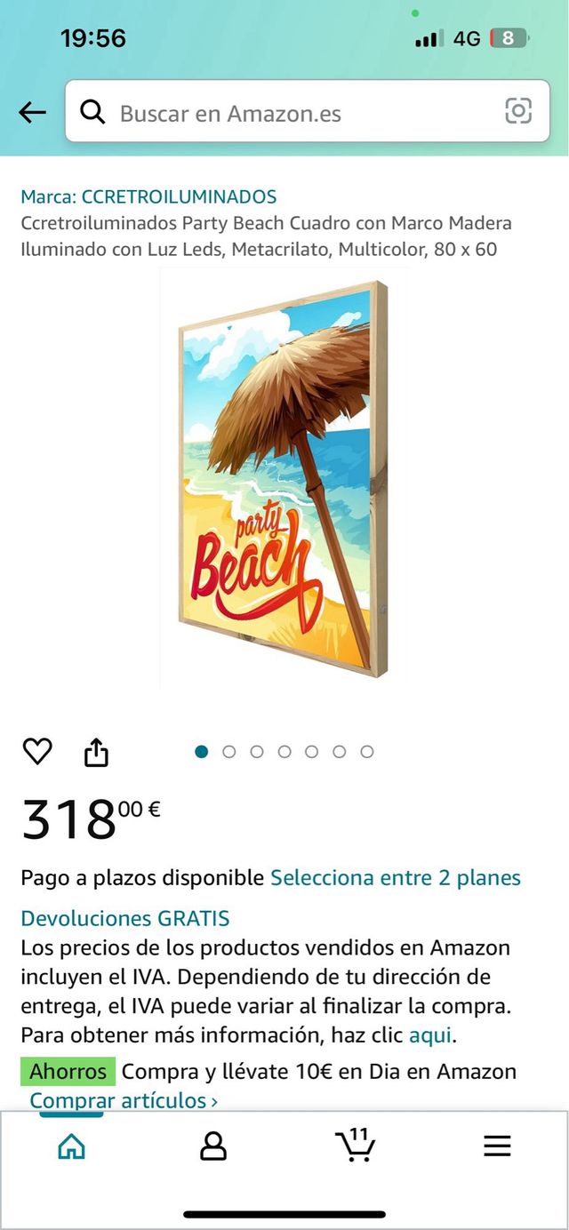 Party Beach - Quadro per auto retroilluminato a LED, 100 x 80