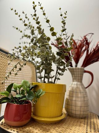 Maceta ceramica amarilla con planta artificial