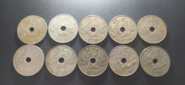 N.314. Lotto 10 monete da 25 centesimi 1927