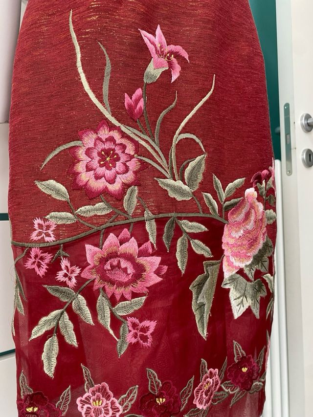 Abito qipao Cheongsam seta rosso oro fiori cinese 