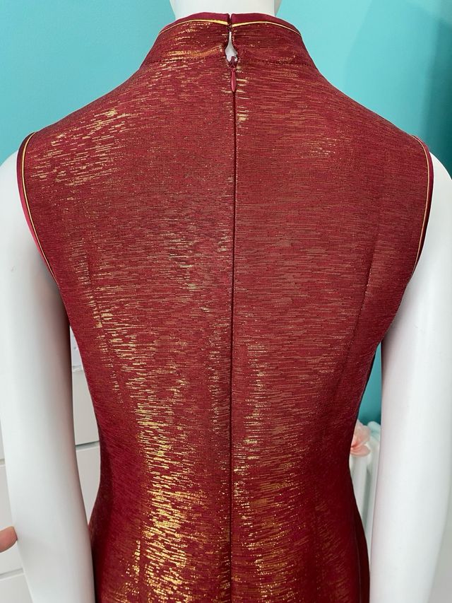 Abito qipao Cheongsam seta rosso oro fiori cinese 