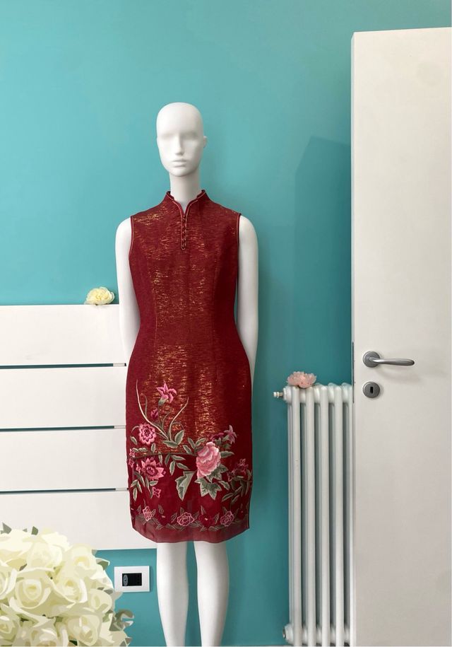 Abito qipao Cheongsam seta rosso oro fiori cinese 