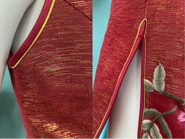 Abito qipao Cheongsam seta rosso oro fiori cinese 