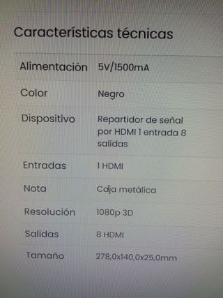 Repartidor activo HDMI 1 ent/8 sal/Spliter 4K, 3D