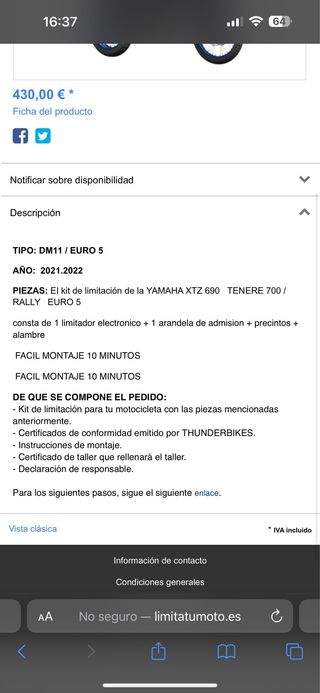 Kit limitación Tenere 700