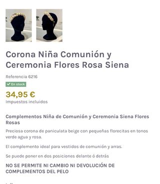 Corona Niña Comunión Rosa de Esperanza Beltran.