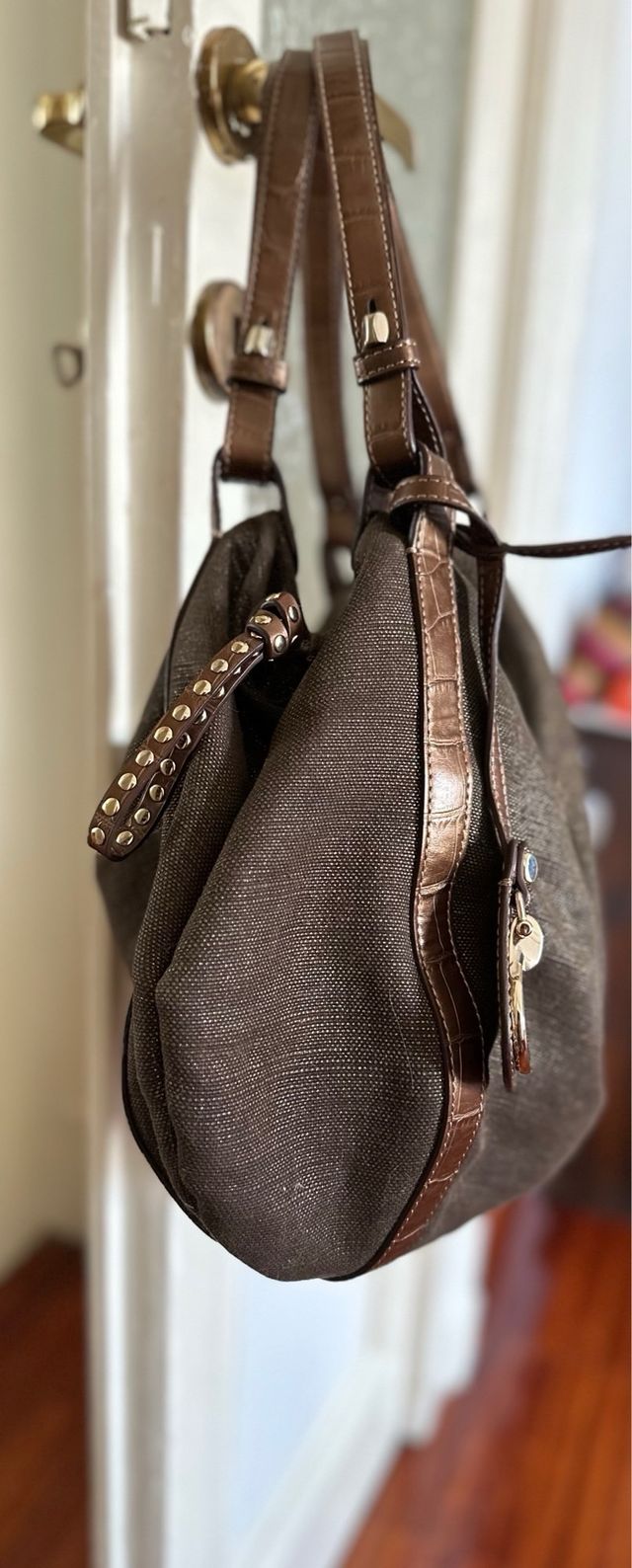 borsa estiva in canvas di lino e pelle