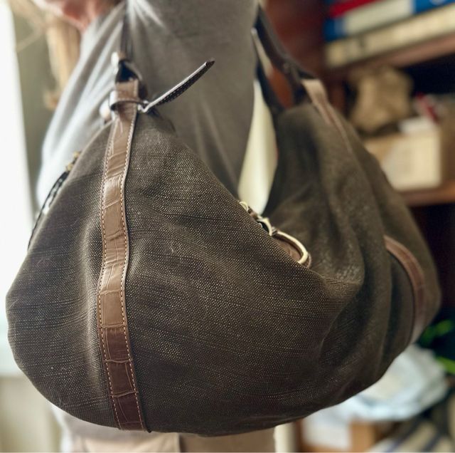 borsa estiva in canvas di lino e pelle