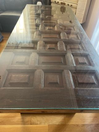 MESA PUERTA rústica + cristal + patas acero
