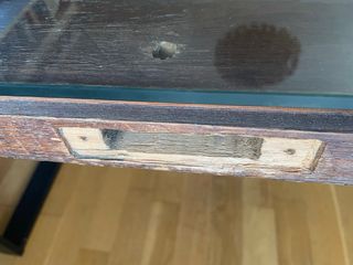 MESA PUERTA rústica + cristal + patas acero