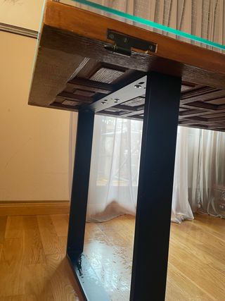 MESA PUERTA rústica + cristal + patas acero