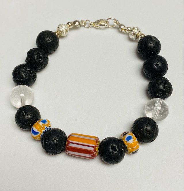 Pulsera de lava y vidrio africano en plata ley 925