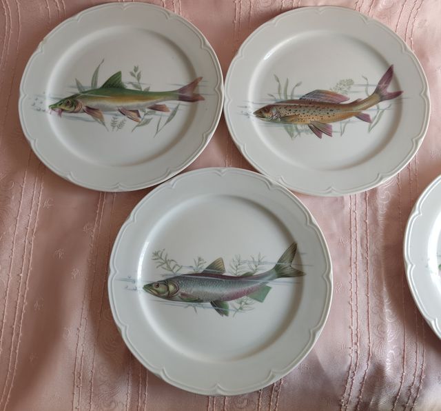 5 PIATTI DECORO PESCE ANNI '80 ALOYA PORCELLANA
