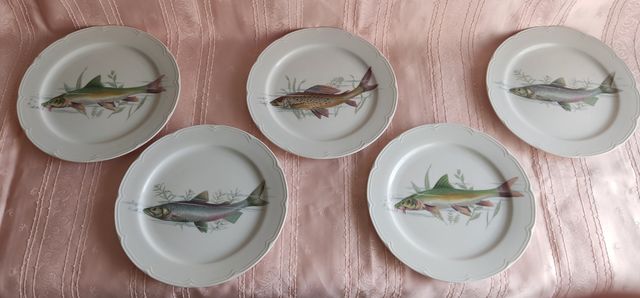5 PIATTI DECORO PESCE ANNI '80 ALOYA PORCELLANA