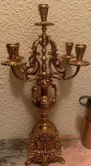reloj y dos candelabros bronce y baño de oro