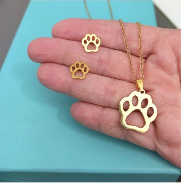 Conjunto cadena y pendientes acero de pata perro