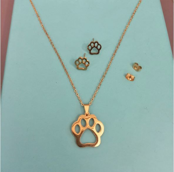 Conjunto cadena y pendientes acero de pata perro