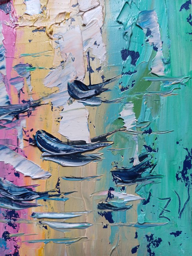 Barcos Oleo Sobre Cartón Pintura Abstracta 15x15cm