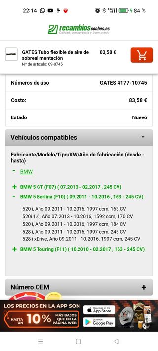 Manguera aire BMW con REF: 09-0745