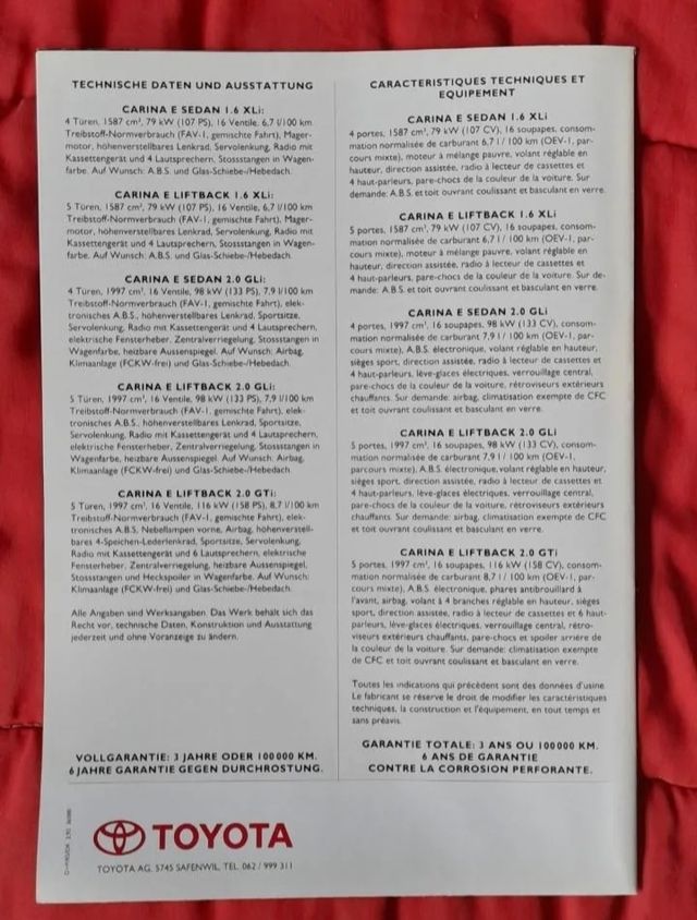 🇪🇸 🇨🇭 Lote 2 Catálogos Toyota Carina E .