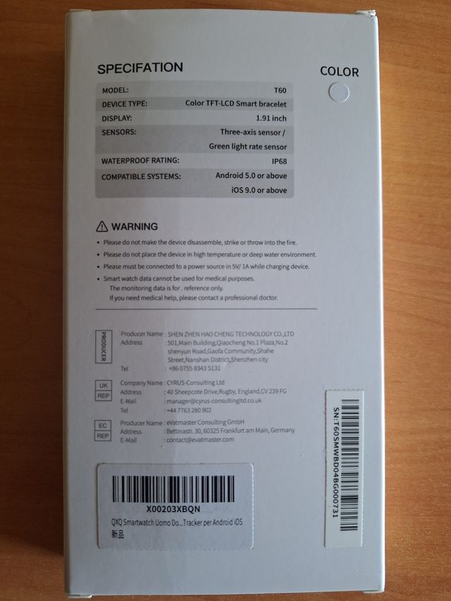 Smartwatch TFT IP68 iOS/Android de 1,9 polegadas