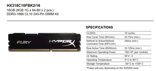 Memoria Ram Hyperx Fury HX318C10FBK2/16