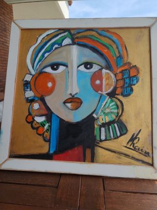 Cuadro señora,enmarcado pintado al oleo madera