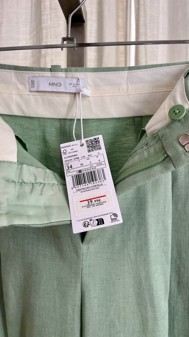 Pantalon sastre lino color pistaccio Mango T. 34