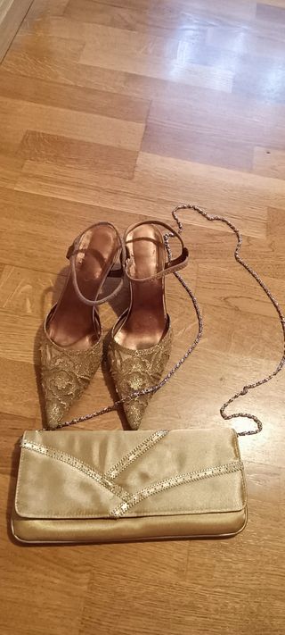Zapatos dorados fiesta N37 con bolso