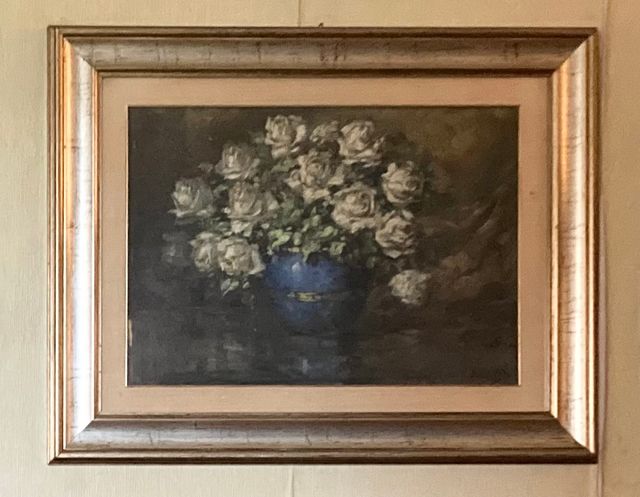 Dipinto a olio su tela firmato vaso con fiori