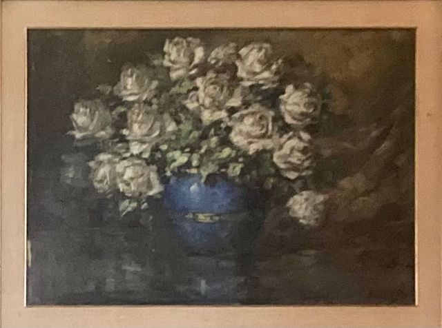 Dipinto a olio su tela firmato vaso con fiori