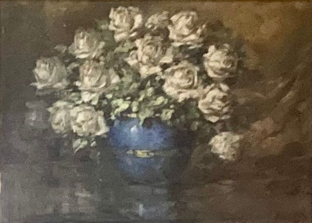 Dipinto a olio su tela firmato vaso con fiori