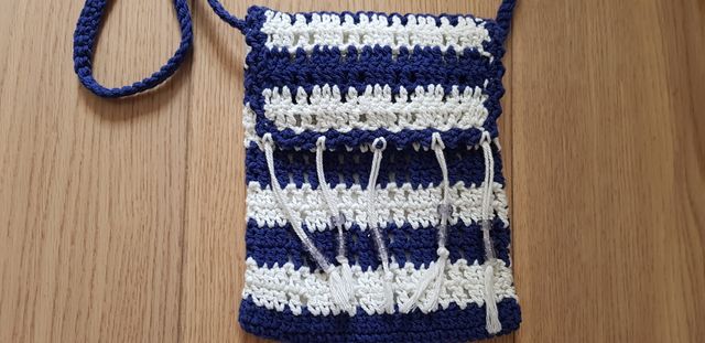 Minibag blu/bianco handmade/Minibolso azul/blanco