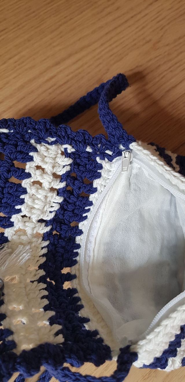 Minibag blu/bianco handmade/Minibolso azul/blanco