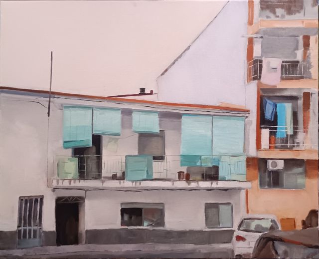 Cuadro Edificio con cortinas verdes