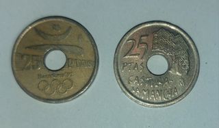Monedas 25 pesetas 1992 y C. La mancha