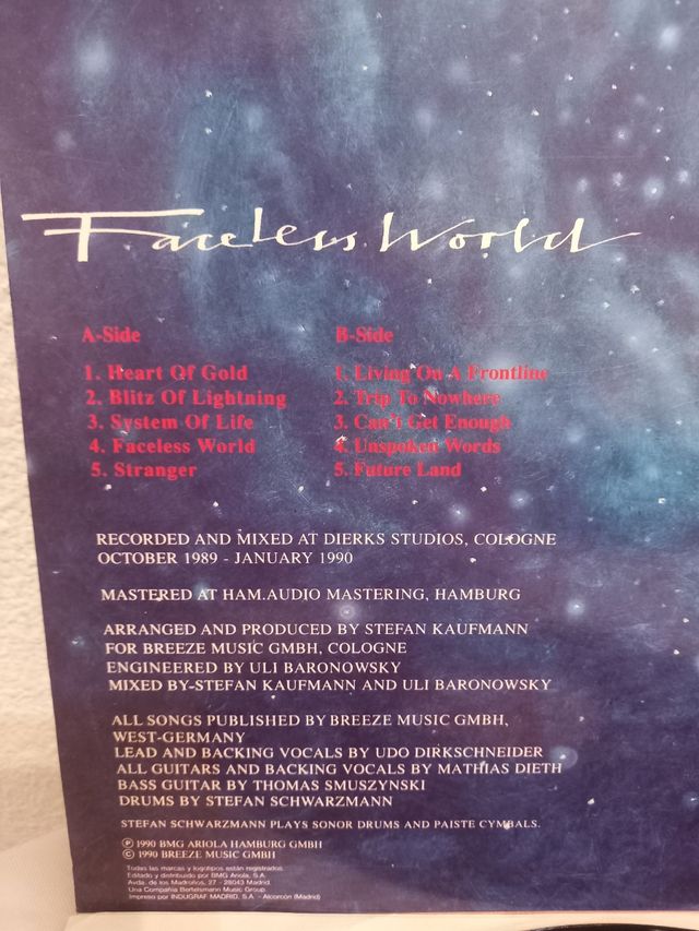 U.D.O. - Faceless World. 1990. Lp