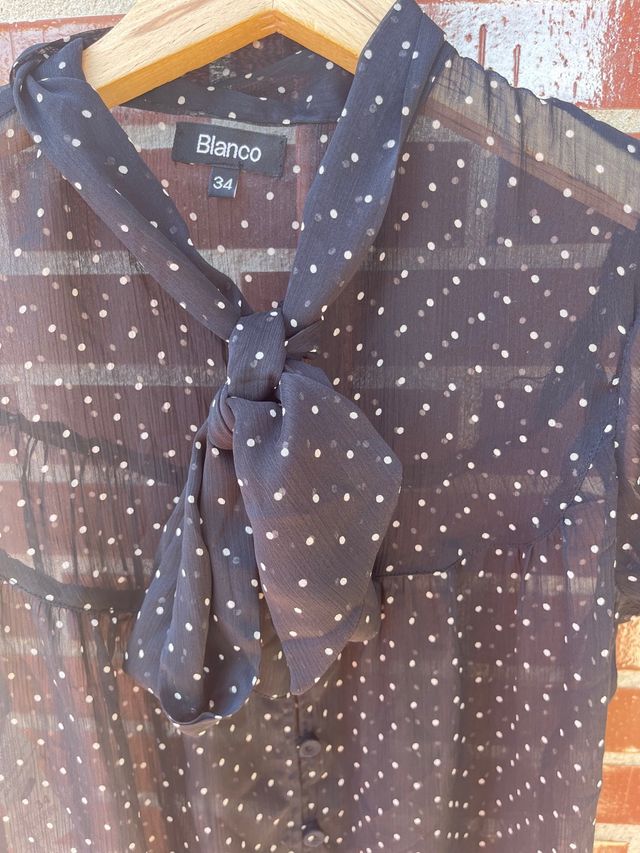 Blusa semitransprente, manga corta, lazada cuello